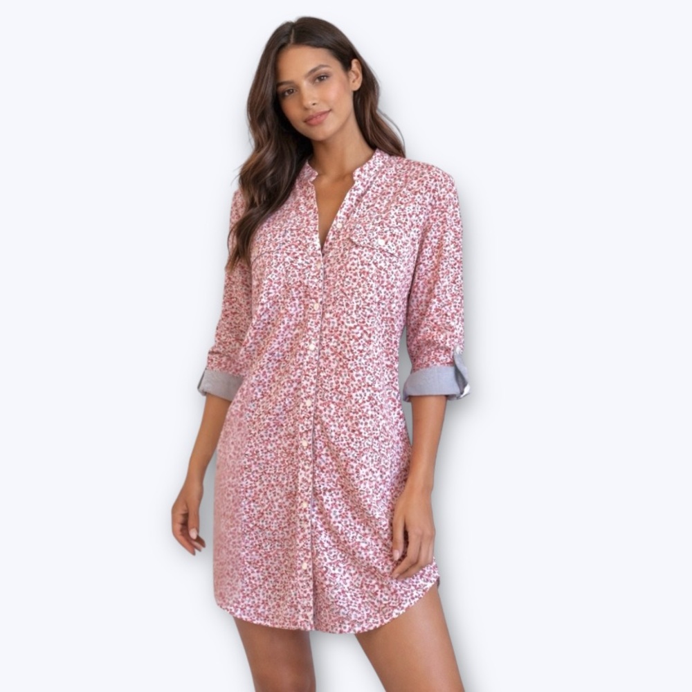 Jane And Bleecker Flannel Floral Pink Women's Sleep Shirt Size Medium